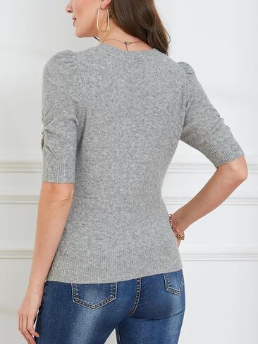 Women's Short Sleeve Sweater Tops Puff Sleeves Crewneck 2024 Spring Summer Trendy Casual T Shirts Blouses in Saudi Arabia