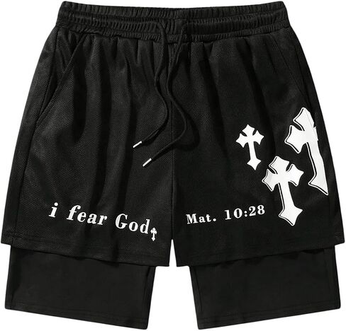 Men's 2 in 1 Running Shorts with Liner Cross Graphic Drawstring Athletic Gym Workout Shorts in Saudi Arabia