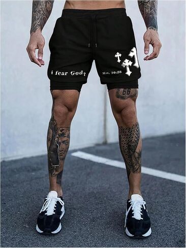 Men's 2 in 1 Running Shorts with Liner Cross Graphic Drawstring Athletic Gym Workout Shorts in Saudi Arabia