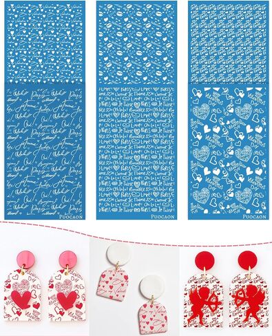 Puocaon Valentine Clay Silkscreen Stencils - 6 Pcs Reusable Polymer Clay Silkscreen Stencils Earrings Jewelry Making, Love Letter Valentines Gift Silk Screen Stencils in Saudi Arabia