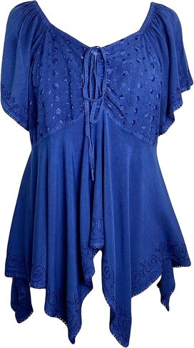 Agan Traders Boho بلوزة مطرزة برقبة ماسية غير متماثلة للنساء - بلوزة نسائية بأكمام قصيرة وخصر إمبراطوري in Kuwait