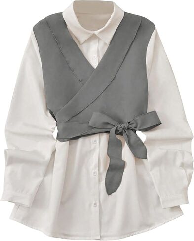 OYOANGLE Women's Tie Back Button Down Wrap Blouse Collared Neck Long Sleeve Casual 2 in 1 Shirt Tops in Saudi Arabia