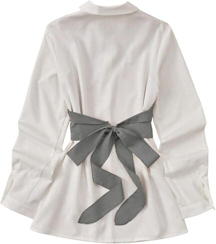OYOANGLE Women's Tie Back Button Down Wrap Blouse Collared Neck Long Sleeve Casual 2 in 1 Shirt Tops in Saudi Arabia