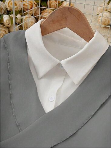 OYOANGLE Women's Tie Back Button Down Wrap Blouse Collared Neck Long Sleeve Casual 2 in 1 Shirt Tops in Saudi Arabia