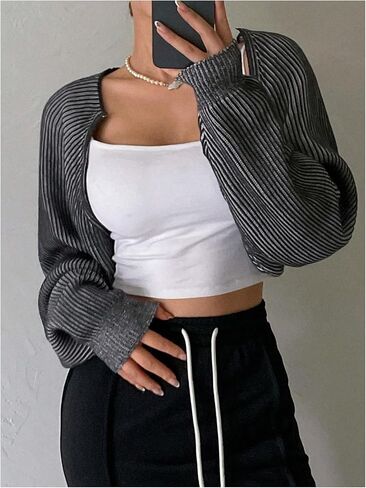 GORGLITTER Women's Striped Cropped Cardigan Color Block Shrugs 2024 Fall Outfits in Saudi Arabia