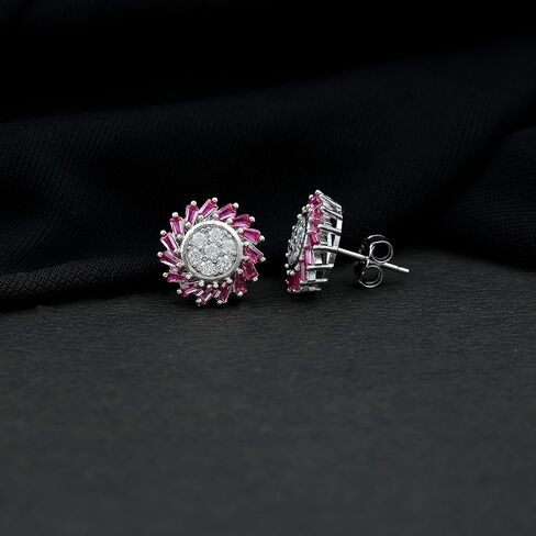 أقراط هالة من الياقوت والألماس المقلد، أقراط مرصعة من الخلف من الياقوت المزروع في المختبر من الفضة، أقراط جوهرة يوليو (جودة AAAA) in Kuwait