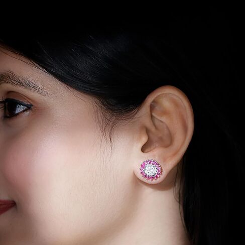 أقراط هالة من الياقوت والألماس المقلد، أقراط مرصعة من الخلف من الياقوت المزروع في المختبر من الفضة، أقراط جوهرة يوليو (جودة AAAA) in Kuwait