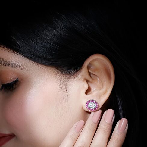 أقراط هالة من الياقوت والألماس المقلد، أقراط مرصعة من الخلف من الياقوت المزروع في المختبر من الفضة، أقراط جوهرة يوليو (جودة AAAA) in Kuwait