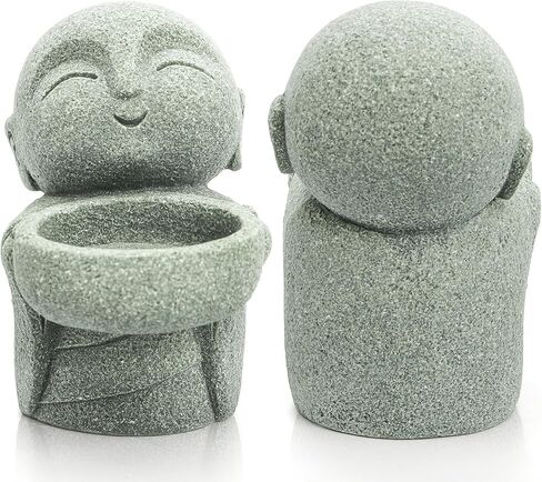 Nicunom 2 حزمة تماثيل بوذا من الحجر الرملي، تمثال جيزو الراهب زن الراهب بوذا تمثال الصلاة منحوتات زخرفة للثروة حظا سعيدا فنغ شوي المنزل مكتب سيارة حديقة في الهواء الطلق حوض السمك الديكور in Kuwait