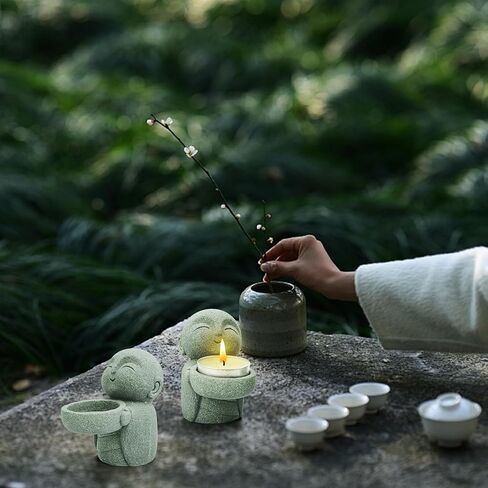 Nicunom 2 حزمة تماثيل بوذا من الحجر الرملي، تمثال جيزو الراهب زن الراهب بوذا تمثال الصلاة منحوتات زخرفة للثروة حظا سعيدا فنغ شوي المنزل مكتب سيارة حديقة في الهواء الطلق حوض السمك الديكور in Kuwait