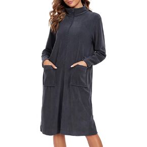 Fleece Robes For Women Zipper Nightgown Long Housecoat Lightweight Bathrobe With Pockets S-3XL