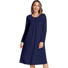 NACHILA Nightgowns for Women-Viscose Made from Bamboo, Long Sleeve Night Shirt Button Down Sleep Shirt Pleated Sleepwear