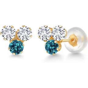 Gem Stone King 14K Yellow Gold White Lab Grown Diamond and London Blue Topaz 3 Stone Stud Earrings For Women (0.66 Cttw, Gemstone April Birthstone, Round 3MM)