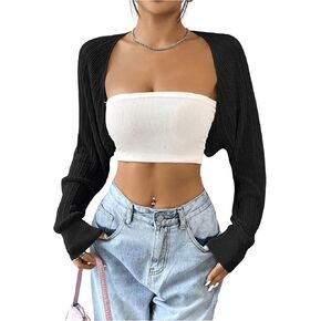 WDIRARA Women's Open Front Long Sleeve Crop Cardigan Bolero Shrugs Casual Knit Top