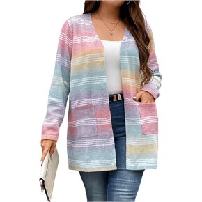 Women's Plus Size Striped Cardigan Sweaters Long Sleeve Open Front Knitted Outerwear with Pocket