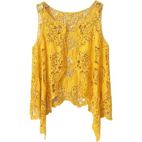 FindThy Women’s Hollow Knitting Stitch Cardigan Open Front Draped Boho Hippie Crochet Vest