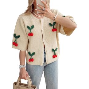 Yimoon Women's Cute Cherry Cardigan Y2K 3/4 Sleeve Button Down Open Front Cardigan Kawaii Cable Knit Sweater
