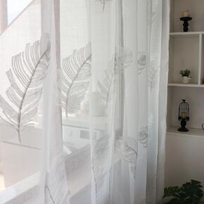 SLOW SOUL Set of 2 Panels White Feathers Sheer Curtains Floral Faux Linen Semi Sheer Embroidered Curtains & Drapes for Bedroom Living Room Rod Pocket 52W X 90L inch