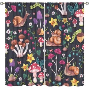 Mushroom Curtains,Wild Animal Snail Flowers Mushroom Pattern Decoration for Rural Cottage Blackout Farmhouse Window Drapes Set 2 Panels,42x45 Inches