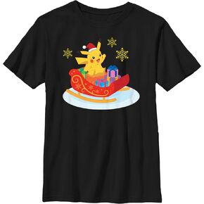 Pokemon Kids Christmas Ride Boys Short Sleeve Tee Shirt, Black, Large
