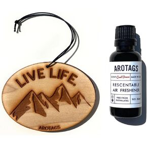 Arotags Wooden Car Air Fresheners - Long Lasting Backwoods Birch Scent Diffuses for 365+ Days - Includes Mountain Adventurer Hanging Mirror Diffuser and Fragrance Oil - 100% American Made