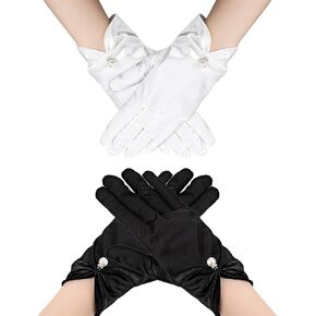 2pairs Satin Gloves,Short Black Satin Gloves & White Gloves Women,Tea Party Gloves,Evening Party Dressy Satin Gloves,Wedding Gloves With Pearls,8.8In Women Gloves for Dresses Wedding Tea Party