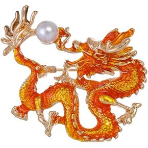 Chinese Dragon Brooch Pin Chinese New Year Zodiac Dragon Pins Brooch Enamel Dragon Playing Pearl Lapel Pin Dress Suit Decors Gift