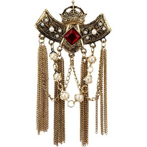 Knighthood Brooch Pin Red Crowned Stone with Hanging Chains and Pearl Brooch Suit Stud Lapel Pin Accessories for Men Women