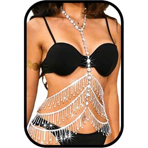 Graeen Sparkly Layered Rhinestone Body Chain Jewelry Silver Crystal Bikini Chest Chains Summer Beach Body Accessories for Women