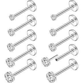 PunkTracker 20G 18G 16G Threadless Push in Nose Rings Studs Surgical Steel Nose Stud 1.5mm 2mm 2.5mm 3mm 4mm Cubic Zircon Nose Piercing Jewelry for Women Men