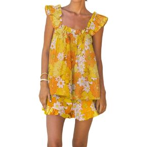 Aopwsrlyi Womens Floral Pajama Set Cute Ruffle Trim Cami Tank Top and Shorts Set Summer 2 Piece Outfits Loungewear