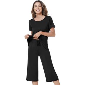 NACHILA Pajamas for Women-Viscose Made from Bamboo,Satin Crew Neck Pajama Sets Short Sleeve Pjs with Capri Pants S-XXL