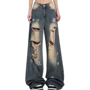 Fashion Vintage High Waisted Baggy Wide Leg Ripped Jeans Y2K Star Washed Casual Straight Leg Denim Pants
