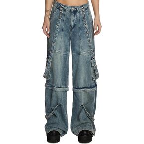 Dolls Kill Dual Delight Convertible Jeans by Current Mood – Washed Denim with Detachable Straps and Zip-Off Legs