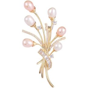 14K Gold Natural Pearl Flower Brooch, Moissanite Luxury Pin, Fixed Clothing Accessory, Natural Pearl Bouquet Pin, Wedding Brooch