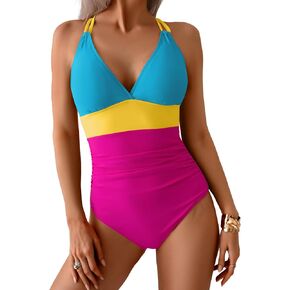 Women's One Piece Color Block Swimsuit Tummy Control Slimming Bathing Suit V Neck Cutout High Waisted Swimwear