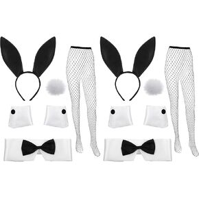 SATINIOR 2 Sets of Halloween Women Bunny Costume Girl Anime Suit Fishnet Stockings Rabbit Ear Headband Bow Tie Bunny Tail for Halloween Cosplay Black