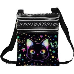 Neon Cat Messenger Bag Small Ethnic Pattern Printed Adjustable Strap Crossbody Zipper Bag Neon Cat Phone Bag Wallet Cute Shoulder Handbag for Women