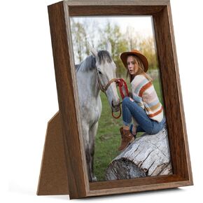 5x7 Picture Frame With Deep and Slanted Frame Moulding, Wood & Acrylic Display Case Photo Frame, Wall and Tabletop Display, Great for Photos, Gift, Pictures, Poster, Portraits, Walnut