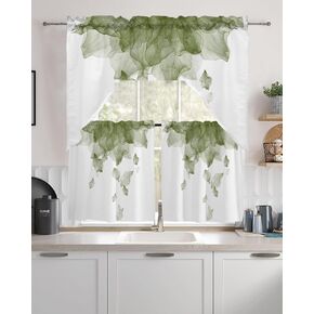 Chucoco Sage Green Tier and Swag Window Curtain Set,Abstract Floral Gradient 3-Piece Rod Pocket Kitchen Curtains,Farm Botanical Light Filtering White Window Treatment for Bedroom Living Room Bathroom