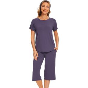 Bamboo Viscose Capri Pajamas for Women Set Short Sleeve Sleepwear with Matching Headband