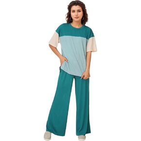 Women's Pajama Sets Casual Color Block Knit Lounge Set 2 Piece Crew Neck Loungewear Outfits with Pocket