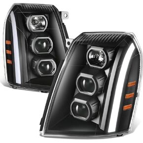 DNA MOTORING Pair of Headlights Clear Lens/Clear Reflector Halogen/LED Compatible With Escalade 2007-2014 / Escalade ESV 2007-2014, HL-LB-CE07-BK-CL1