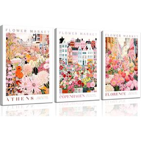 3Pcs Flower Market Canvas Wall Art Pink and purple Botanical Floral Painting Pictures Wall Decor Colorful Wildflower Travel Poster Print Artwork for Bedroom Living Room Gallery Scene Home Decoration