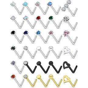 Hypoallergenic 18G 20G Nose Rings Studs for Women Men Surgical Stainless Steel Nose Piercings Jewelry Straight L Shaped Corkscrew Nose Rings Cubic Zirconia Opal Heart Nose bone Studs Jewelry