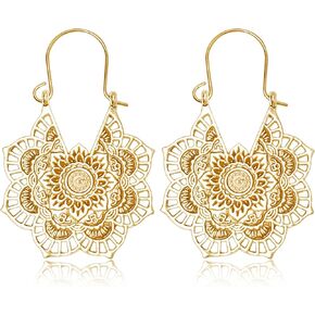 Bohemian Vintage Hollow Gold Flower Heart Feather Lightweight Hoop Earrings Dainty Wedding Prom Dangle Drop Earrings For Women Jewelry Gifts