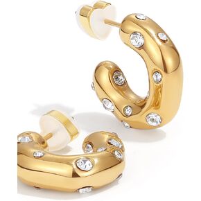 PANSTAR 18K Gold Plated Pearl C-shape Stud Earrings, Gold Vermeil Clear Cubic Zirconia Earrings, Half Hoop Earrings for Women