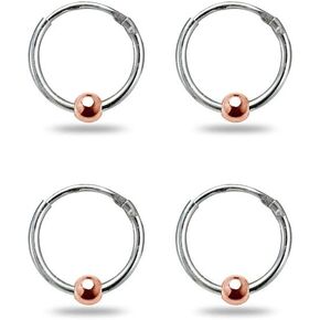 Sterling Silver Ball Bead Small Endless 10mm Thin Round Unisex Hoop Earrings for Men Women Set of 2 Pairs