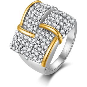 18K Gold Plated Cubic Zirconia Statement Rings for Women Stainless Steel Full Diamond Ring Wedding Band Jewelry Size 8