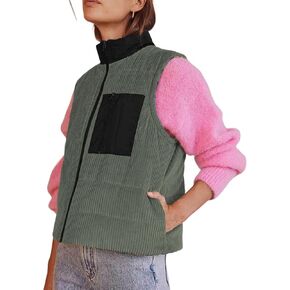 Women Corduroy Puffer Vest Cropped Sleeveless Jacket Puffy Stand Collar Gilet Coat Zip Up Outwear with Pockets
